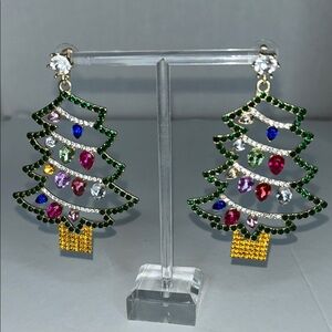Festive Christmas Tree Earrings with Multicolor Gems